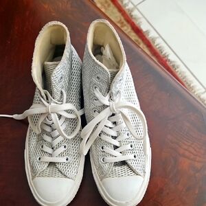 Converse Silver Leather Woven Mesh High-Top Sneakers.